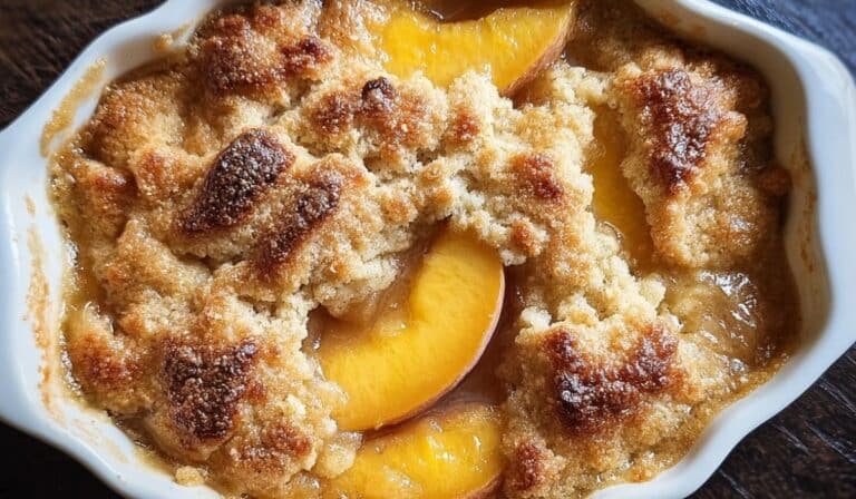 Best Peach Cobbler with golden crust and juicy peaches in a white baking dish