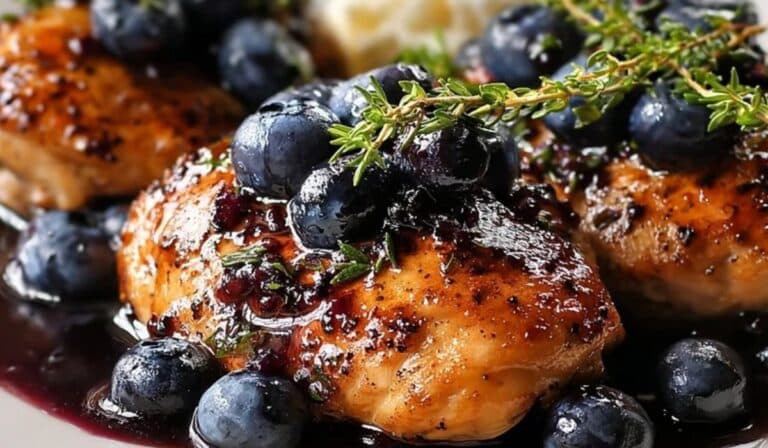 Glazed Blueberry Thyme Chicken with balsamic reduction and fresh herbs