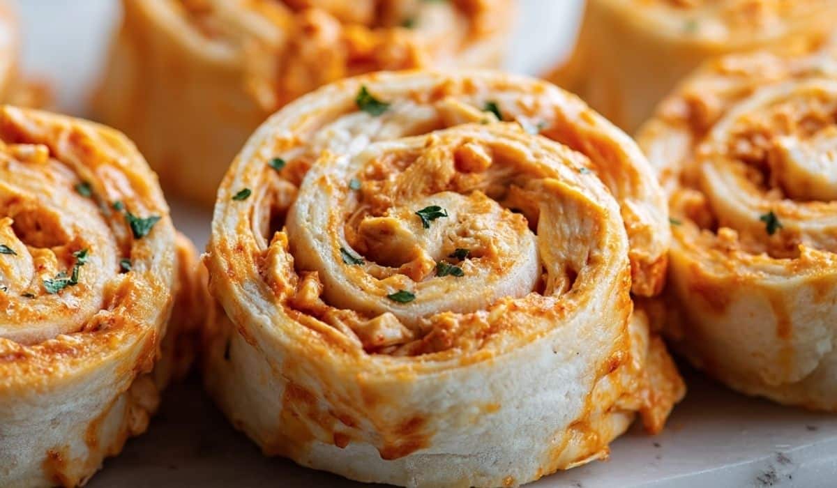 Buffalo Chicken Pinwheels appetizer rolled with chicken, cream cheese, and buffalo sauce