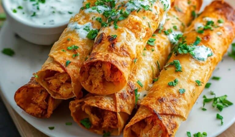 Buffalo Chicken Taquitos with ranch dip on a white plate