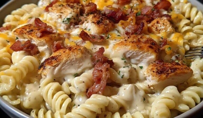 Chicken Bacon Ranch Pasta with creamy sauce, grilled chicken, and crispy bacon
