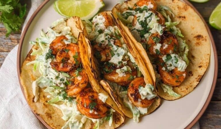 Cilantro Lime Shrimp Tacos with Creamy Slaw served on a plate with lime