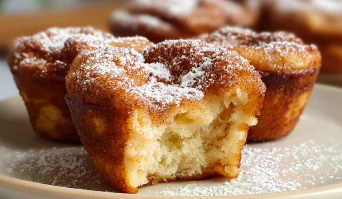 Cinnamon Sugar French Toast Muffins dusted with powdered sugar on a plate