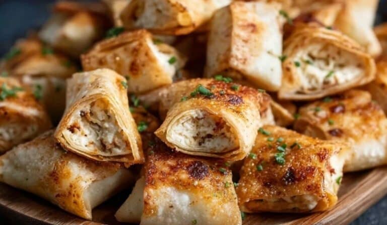 Cream Cheese Tortilla Bites stacked on a plate with golden crust