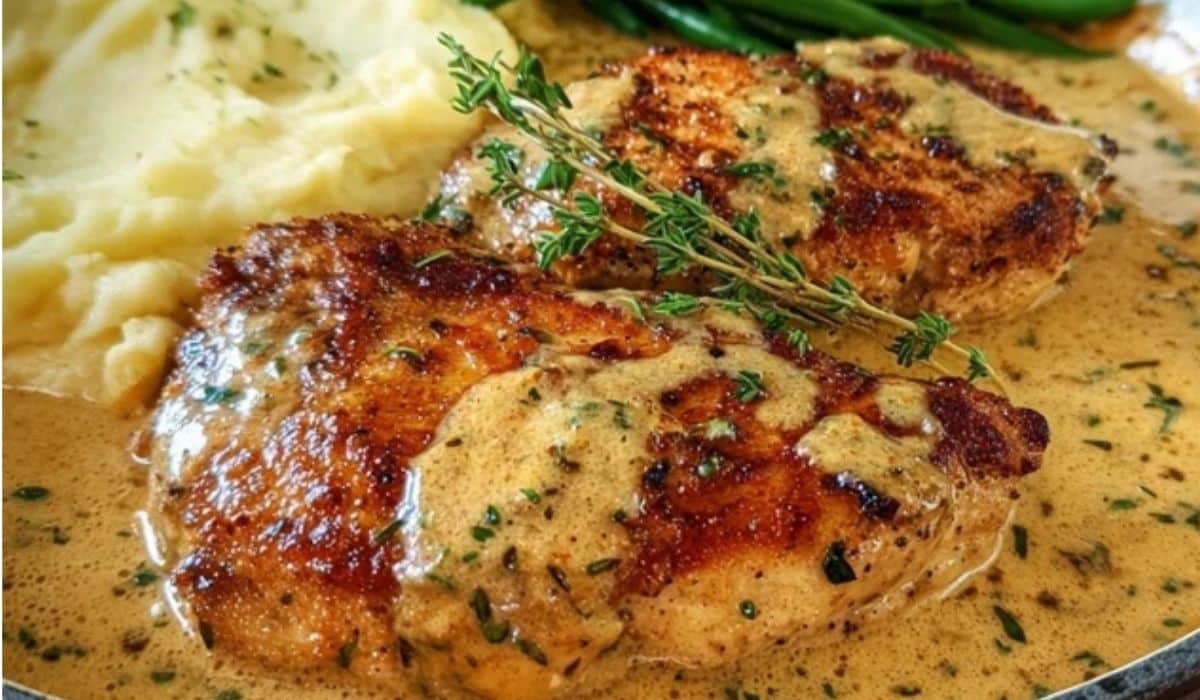 Creamy Garlic Chicken served with mashed potatoes and green beans
