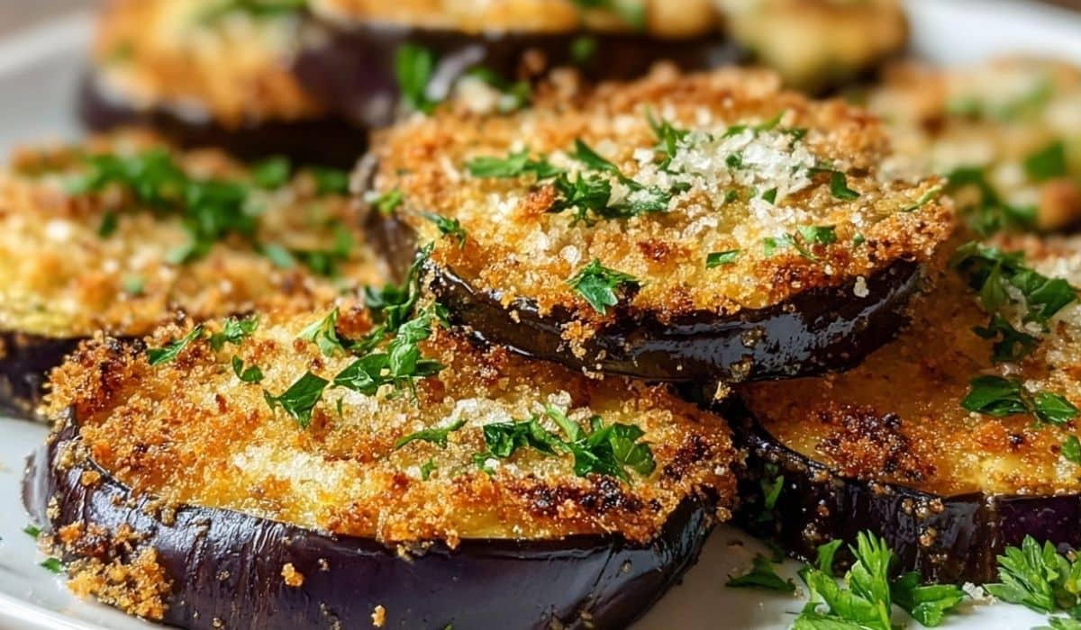 Crispy baked eggplant slices with golden breadcrumb coating