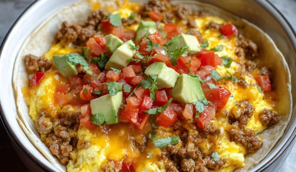 Crockpot Breakfast Tacos loaded with eggs, sausage, avocado, and salsa