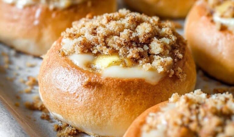 Apple Cheesecake Buns with a Crumble Topping and Sweet Glaze on tray