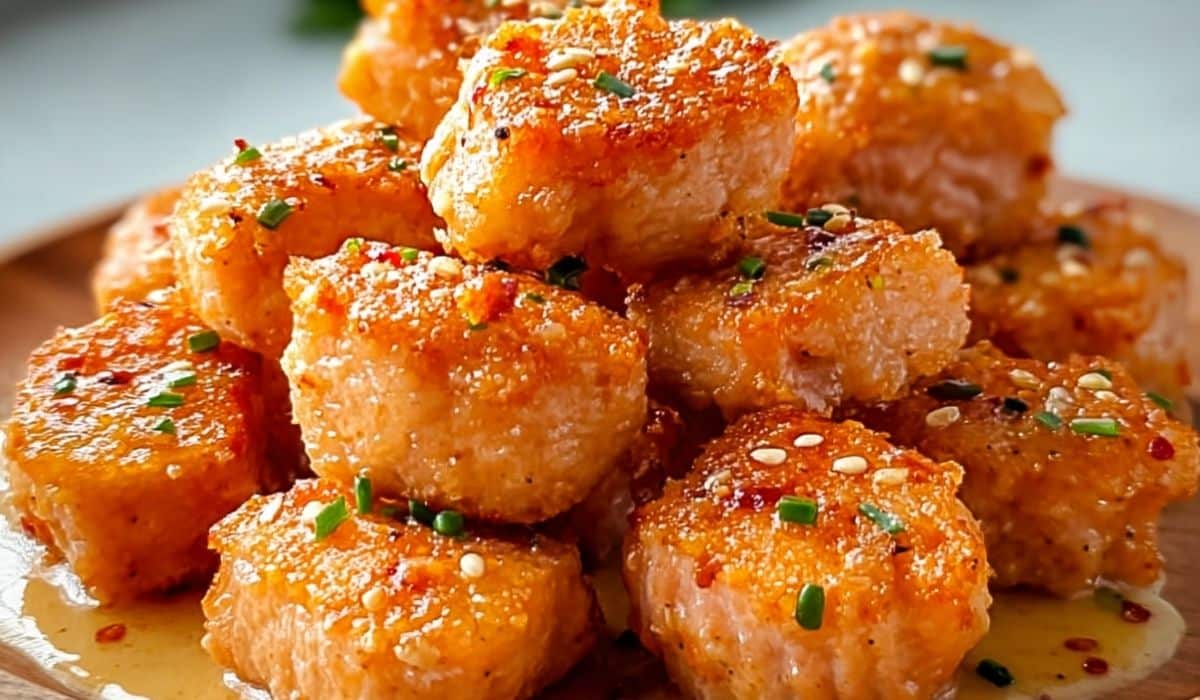 Crispy Bang Bang Salmon Bites with golden crust on wooden plate
