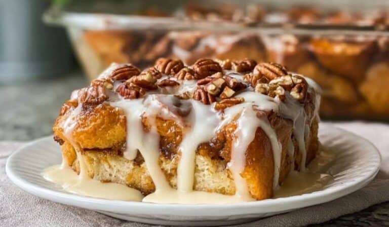 Easy Cinnamon Roll French Toast Casserole topped with pecans and icing