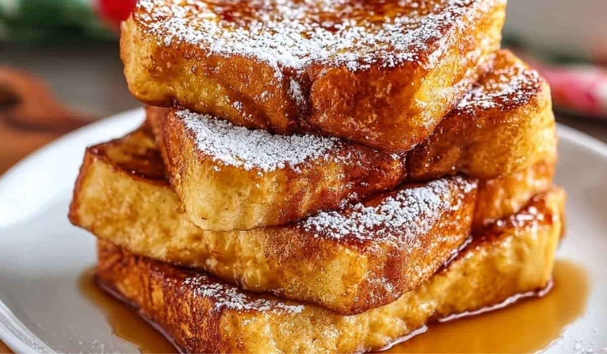 Hawaiian Roll French Toast stacked with maple syrup and powdered sugar