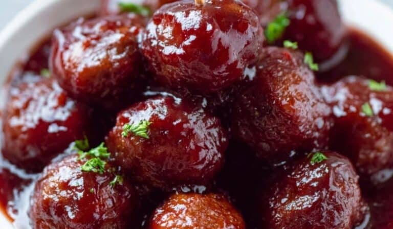 Grape Jelly Meatballs in glossy sauce with parsley garnish