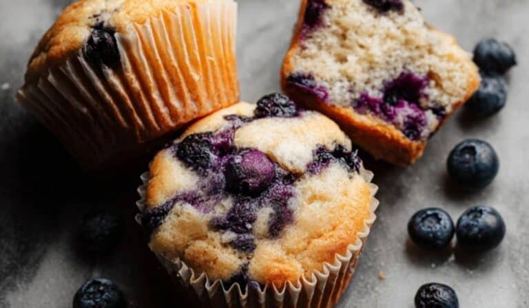 Homemade Blueberry Protein Muffins close-up with juicy blueberries on a rustic table