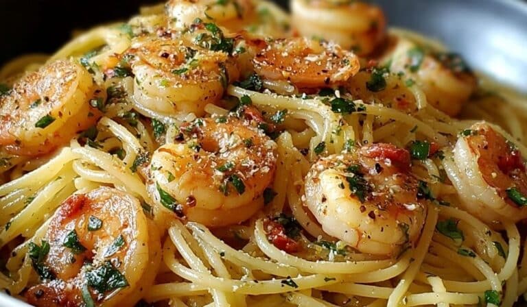 One-Pot Garlic Butter Shrimp Pasta with spaghetti in garlic butter sauce