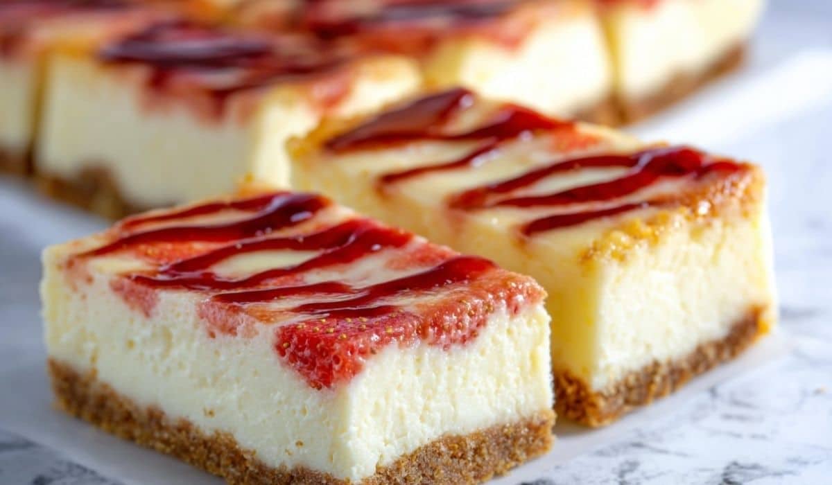 Philadelphia Cheesecake Bars with strawberry swirl on graham crust