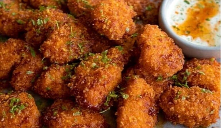 Air Fryer Buffalo Chicken with crispy golden coating and ranch dip