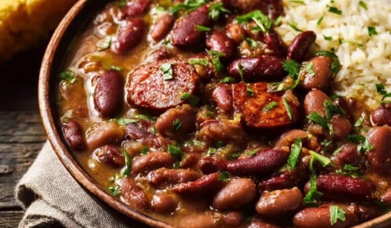 Authentic Louisiana Red Beans and Rice served with white rice and sausage