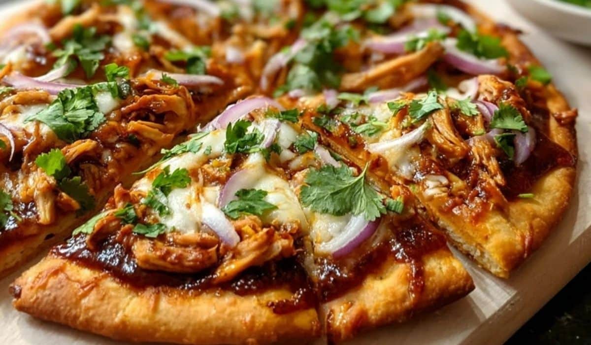 BBQ Chicken Flatbread with Red Onions and Fresh Cilantro