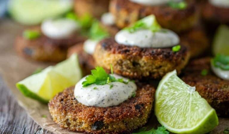 Crispy Black-Eyed Pea Fritters topped with creamy sauce and lime wedges
