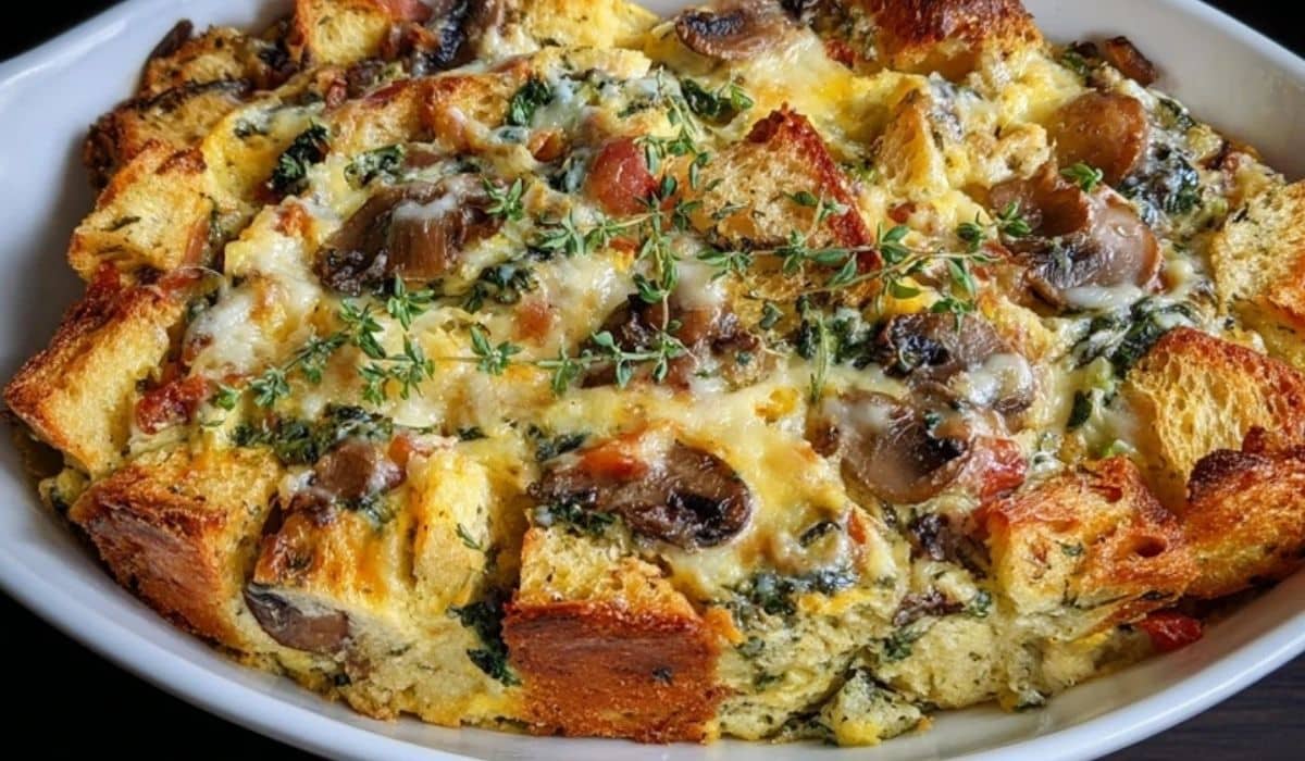 Hearty breakfast strata with mushrooms, cheese, and fresh thyme