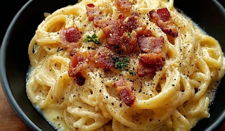 Classic Bacon Carbonara Pasta served in a black bowl with crispy bacon and creamy sauce