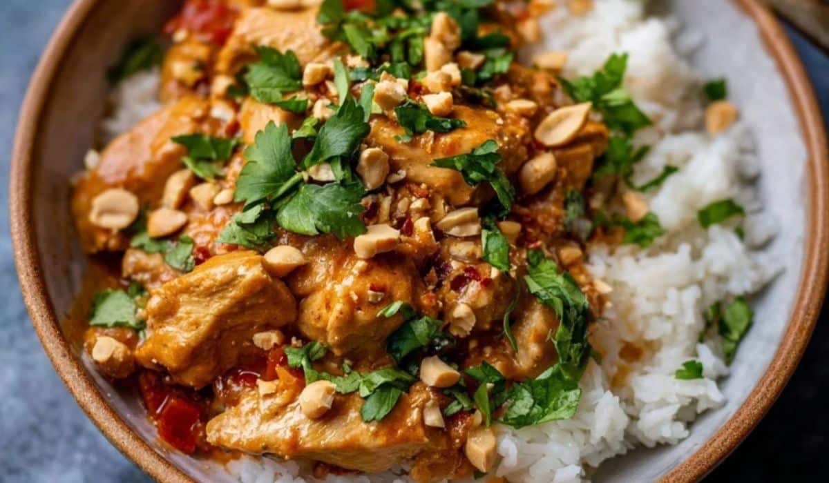 Crockpot Thai Peanut Chicken served over jasmine rice with cilantro and peanuts