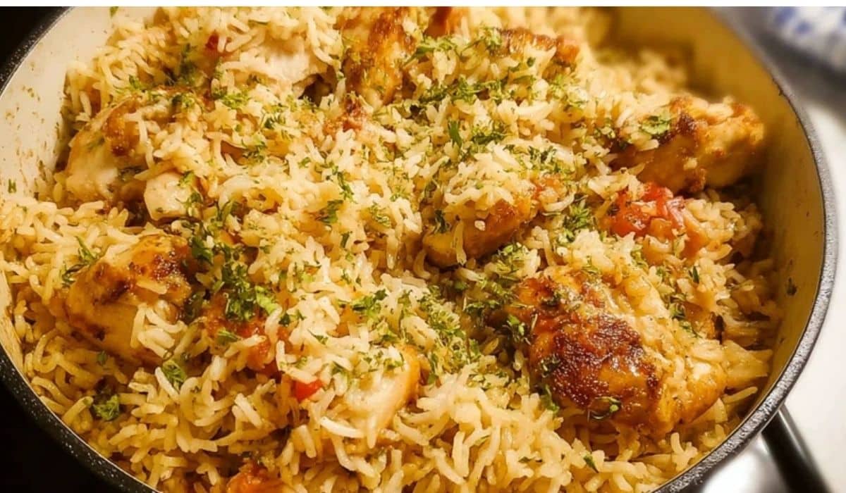 Easy One Pot Chicken and Rice with golden chicken and fluffy rice