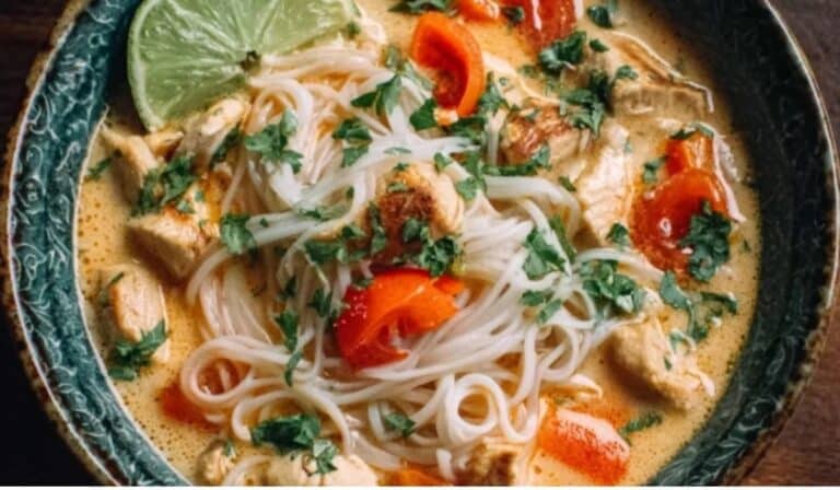Easy Thai Chicken Soup with rice noodles, red peppers, and cilantro