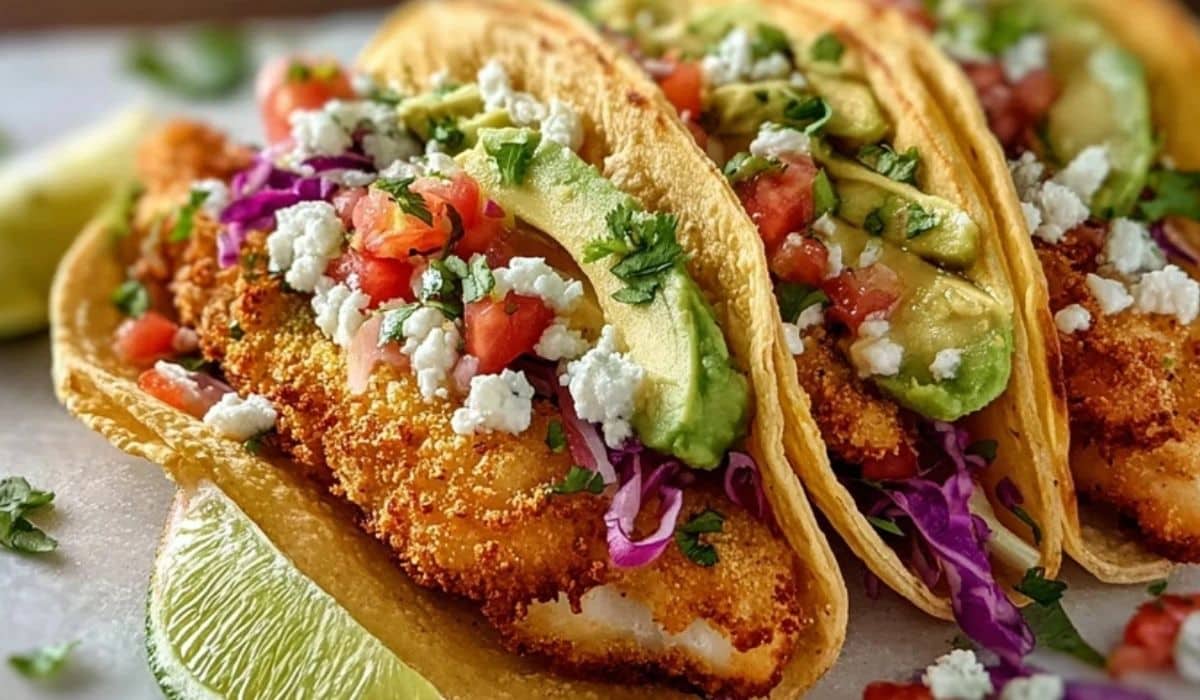 Crispy Baja Fish Tacos with cabbage, avocado, and queso fresco