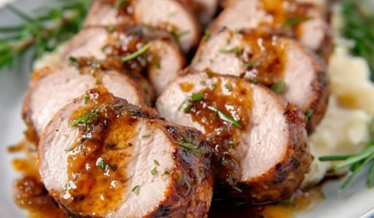 Maple Glazed Pork Tenderloin sliced and drizzled with sticky maple glaze