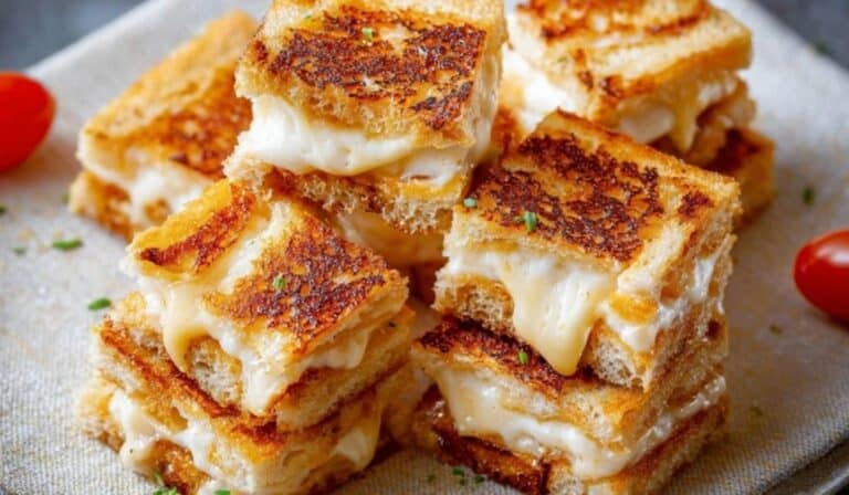 Mini Grilled Cream Cheese Sandwiches stacked on a plate with golden crispy edges