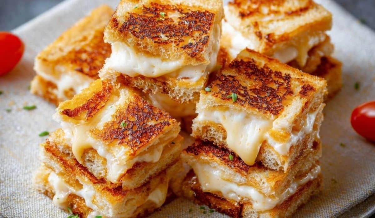 Mini Grilled Cream Cheese Sandwiches stacked on a plate with golden crispy edges