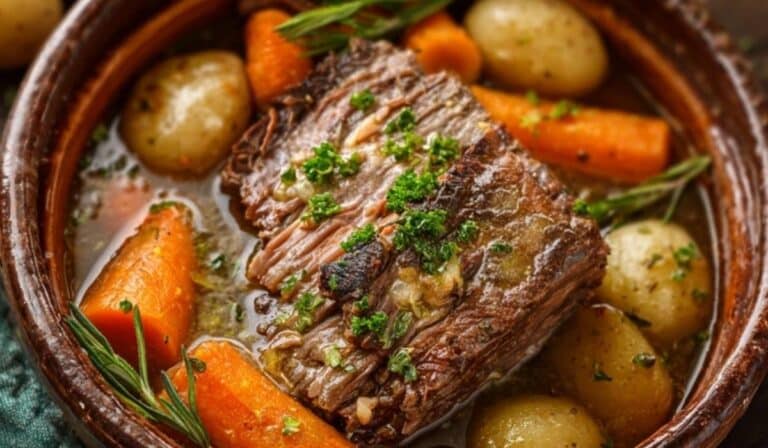 Perfectly Tender Crockpot Pot Roast served with carrots and potatoes in a rustic bowl