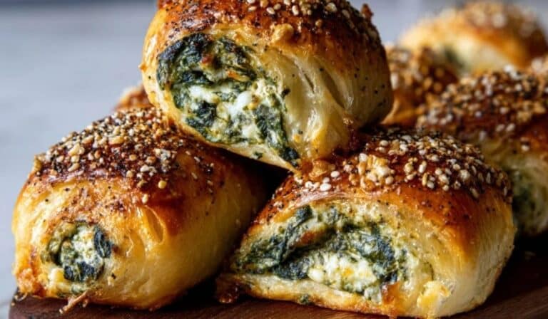 Featured Spinach Dip Rolls with golden crust and creamy spinach cheese filling