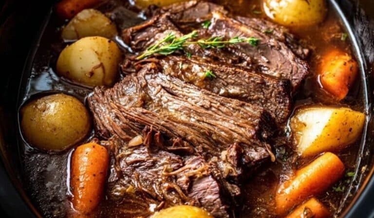 Tender Slow Cooker Rump Roast with carrots and potatoes in rich gravy