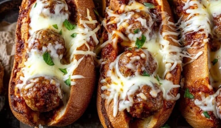 Weeknight Meatball Sub loaded with cheesy meatballs in a toasted roll