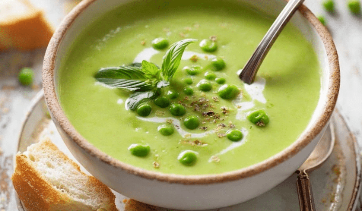 Bowl of creamy Green Pea Soup garnished with fresh peas and herbs