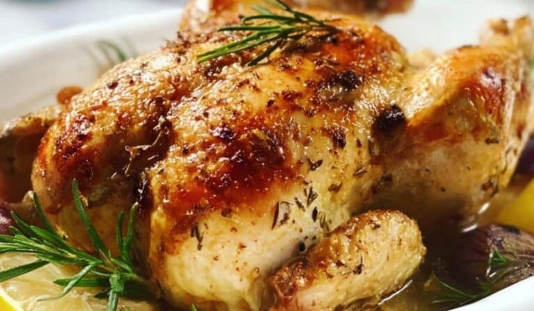 Juicy golden roasted Lemon Stuffed Whole Chicken with herbs on a serving platter