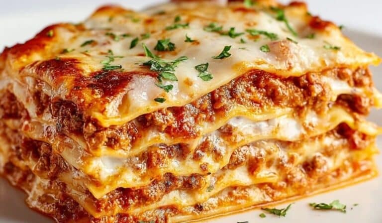 Million Dollar Lasagna on a white plate with golden cheese layers