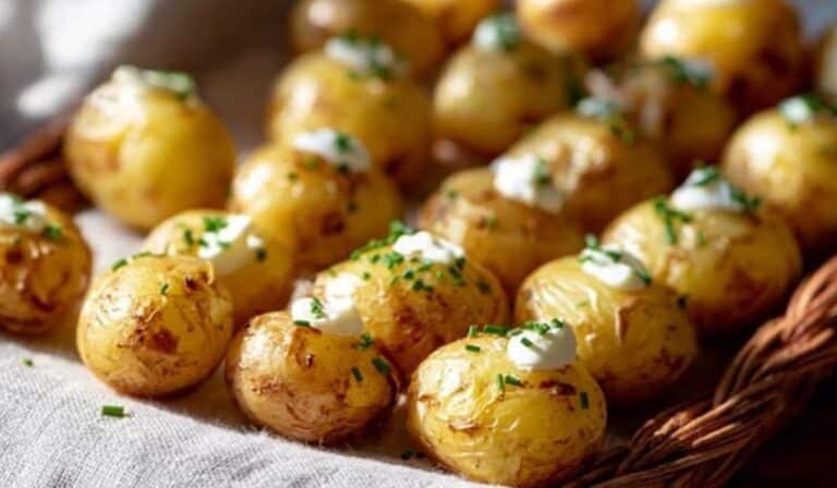 Mini Baked Potatoes topped with sour cream and chives on a rustic napkin