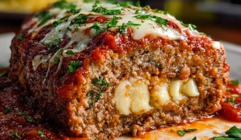 Stuffed Italian Meatloaf with melted cheese center and marinara sauce