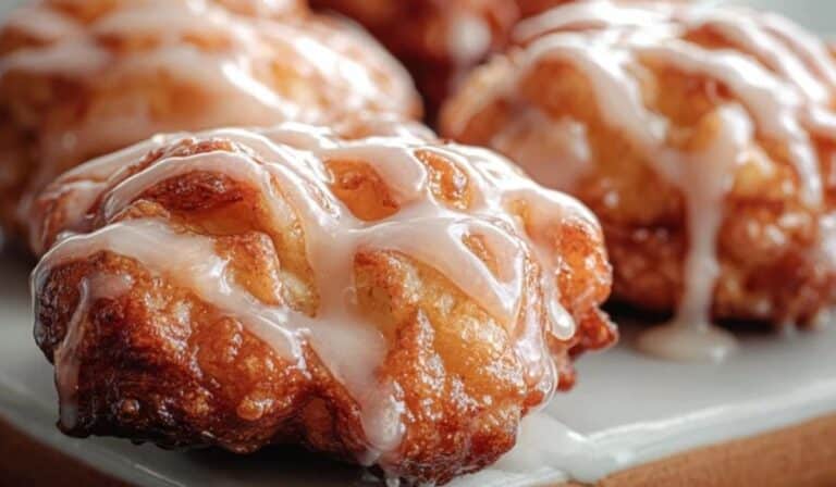 Baked apple fritters with glaze stacked on a white plate