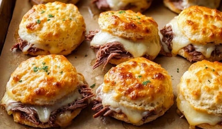 Baked French Dip Biscuits with melted provolone and shredded roast beef on a baking tray