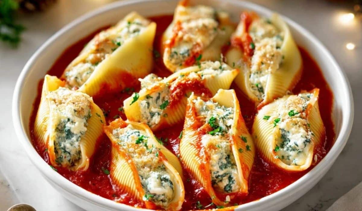 Best Christmas Stuffed Shells in festive setting with red sauce and cheesy ricotta filling