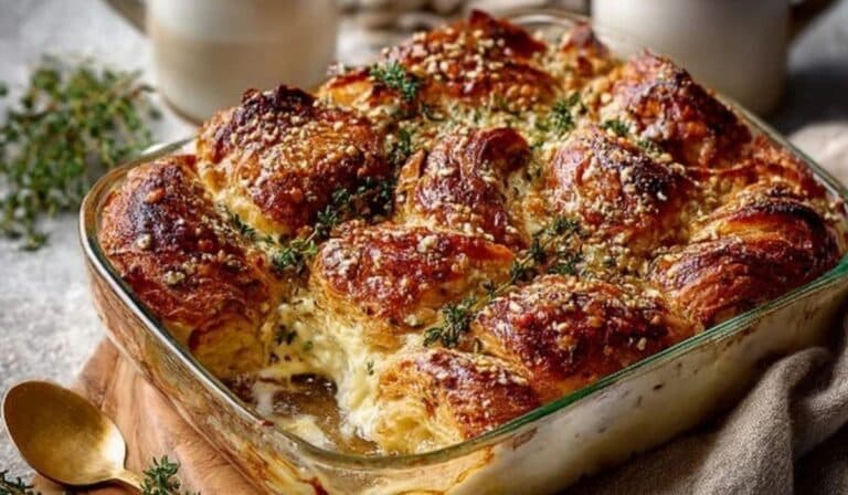 Buttery Croissant Strata in a golden baked casserole with herbs