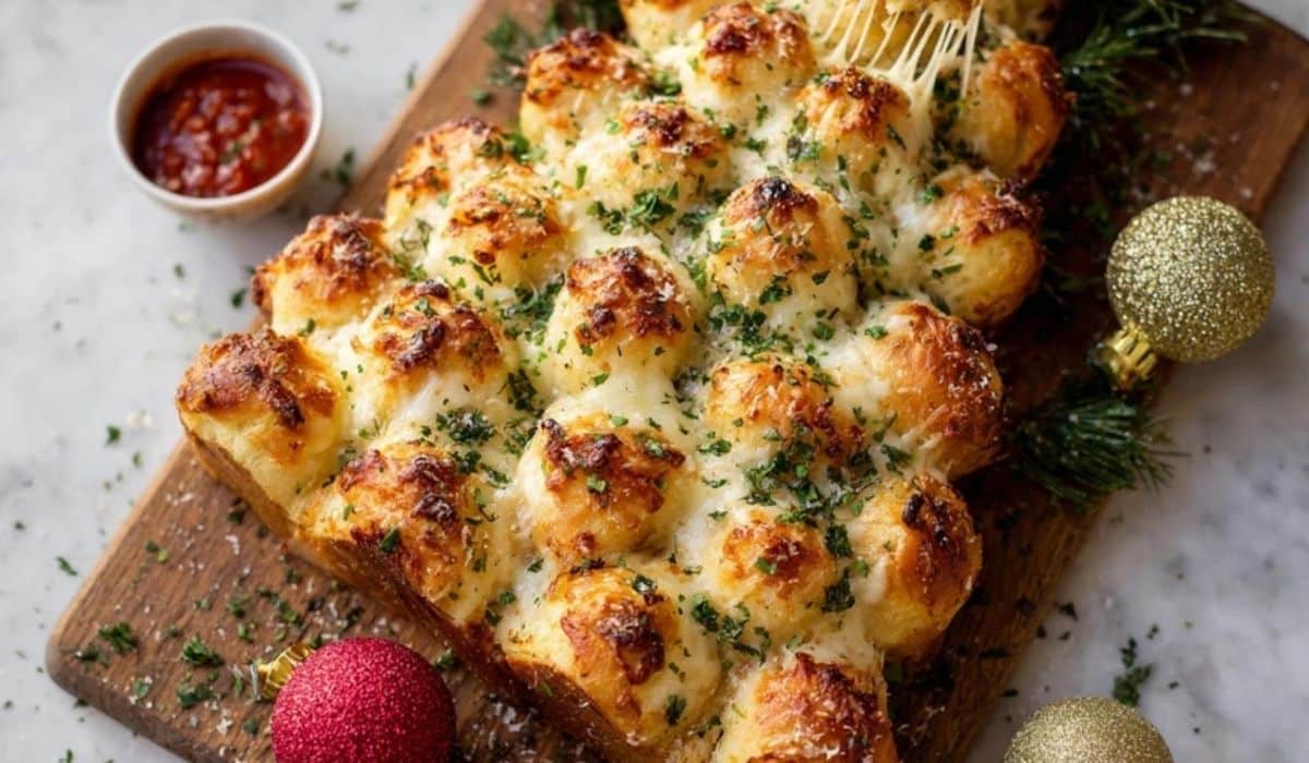 Cheesy Pull-Apart Christmas Tree Bread topped with herbs and cheese on a wooden board
