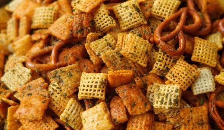 Cheesy Ranch Chex Mix Recipe close-up with pretzels and cheddar crackers