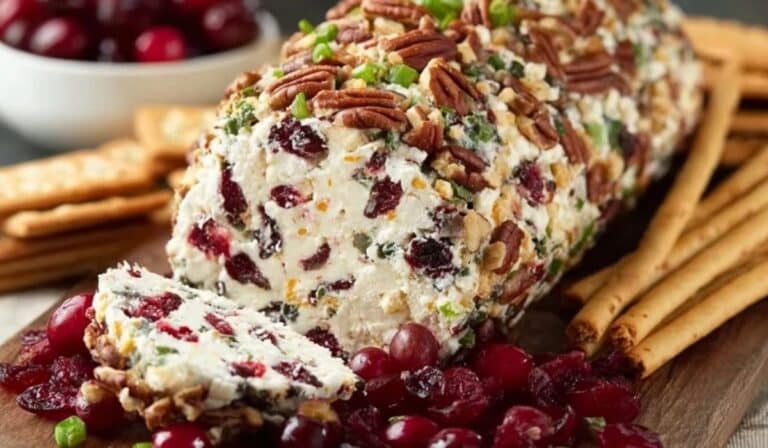 Cranberry Pecan Cheese Ball on a wooden board with crackers and cranberries