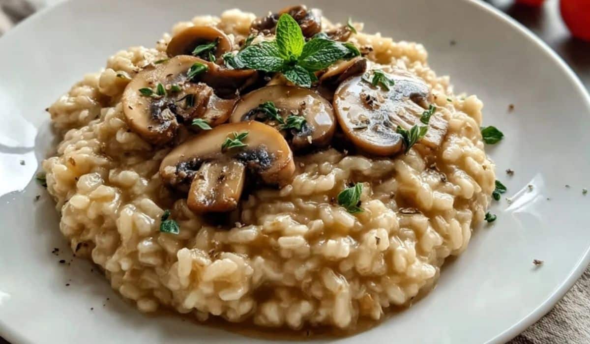 Creamy Mushroom Risotto served on a white plate with fresh herbs