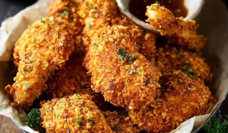 Crispy Oven Baked Cornflake Chicken served in basket with dipping sauce